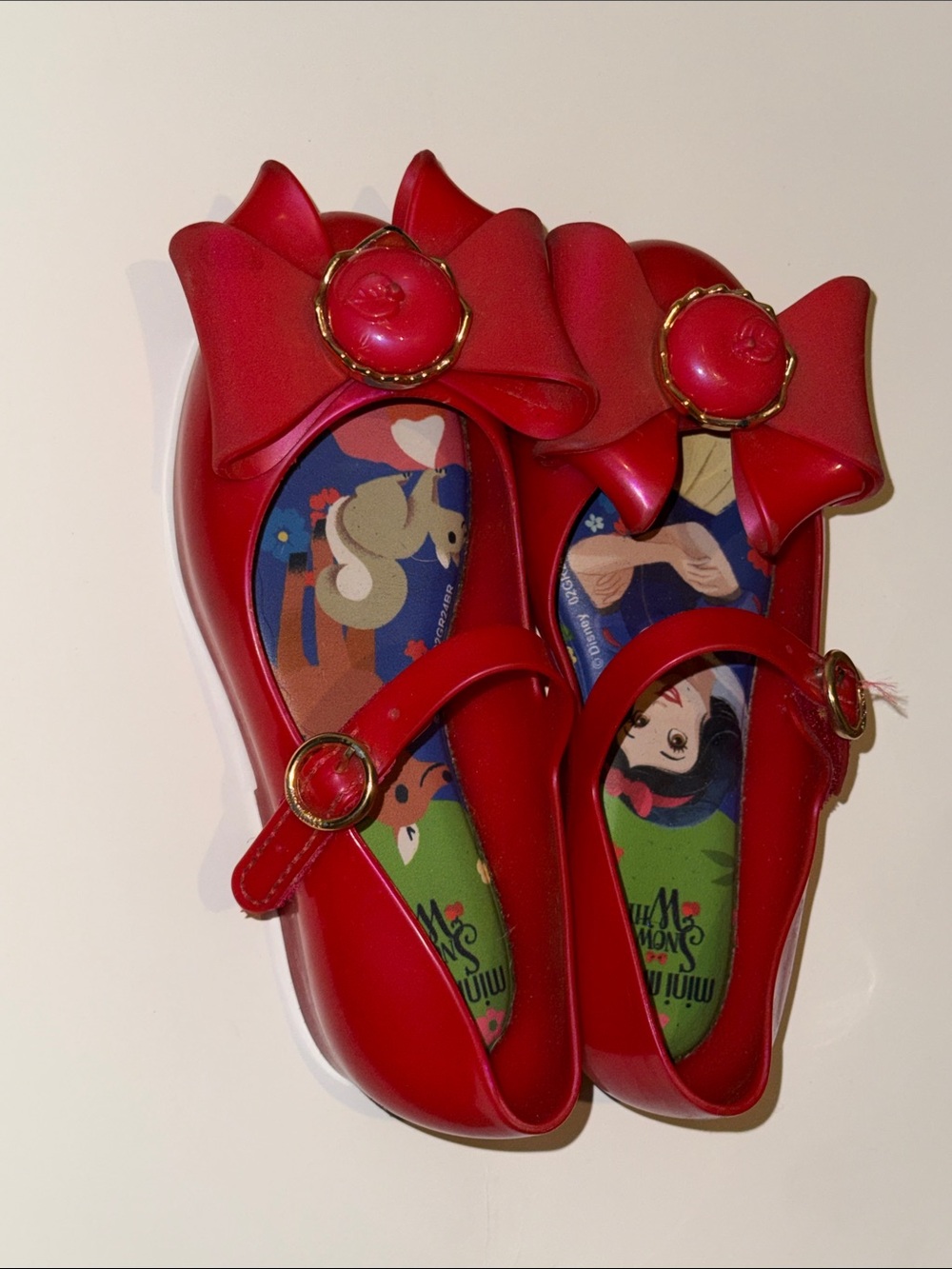 Red Mini Melissa Snow White Ballerina Flats with Gold Buckles